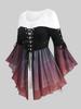 Rosegal Plus Size Lace Up Ombre Mesh Ruched Asymmetrical Flare Sleeve Top