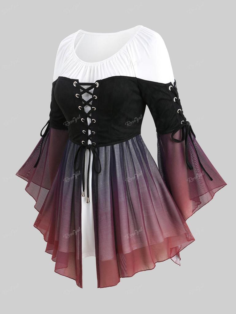 Rosegal Plus Size Lace Up Ombre Mesh Ruched Asymmetrical Flare Sleeve Top