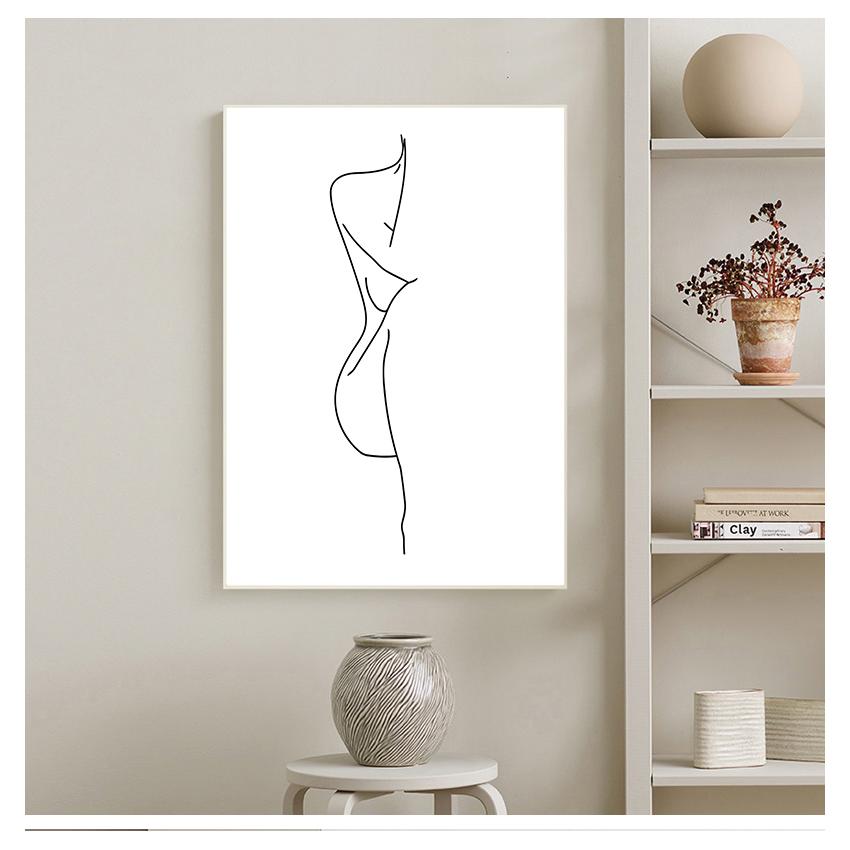 Umělecké plátno, malba, černobílý obraz, minimalistický umělecký plakát, tisk, žena, obrázek, domácí nástěnná dekorace, nahé ženské tělo, kresba na linii