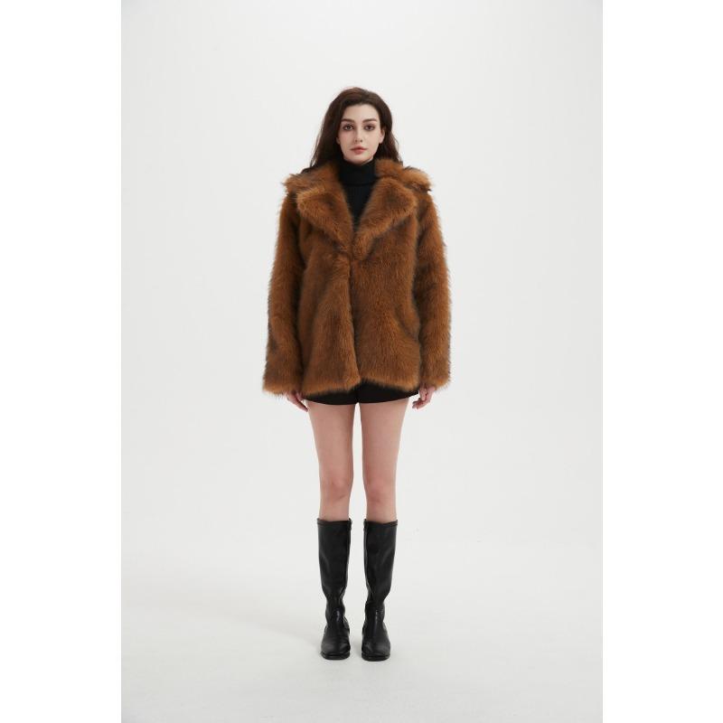 Women's White Faux Fur Coat Lapel Collar Mid-Length Fluffy Warm Winter Outerwear