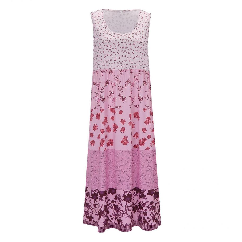 Women's Bohemian Floral Print Maxi Dress Sleeveless Round Neck Beach Flowy Party Beach Dress