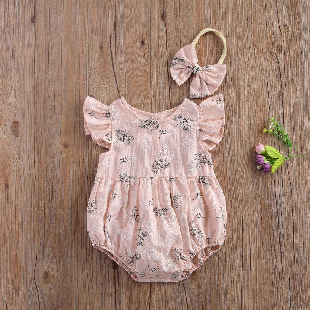 Newborn Infant Baby Girls Romper Cotton Fly Sleeve Floral printed Jumpsuit With Headband Toddler Soft Clothes Outfits