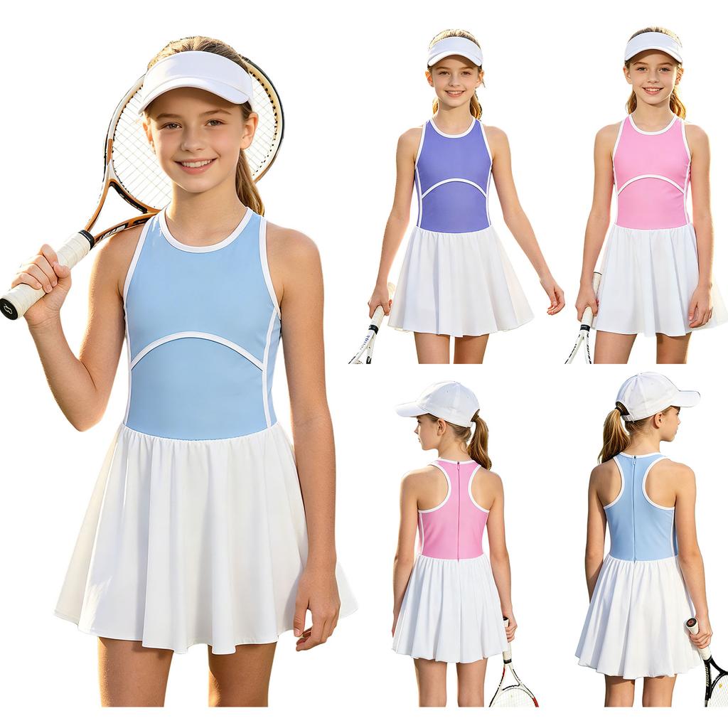 Vestido de Tênis Colorblock Sem Mangas para Meninas com Shorts Embutido Barra Bolha Vestido de Sol Esportivo para Golfe Roupa Casual