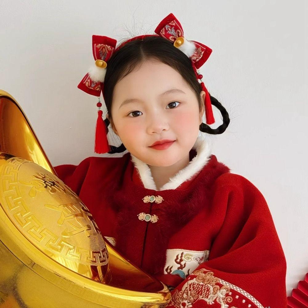 Braid Hair Children Wig Headband Flower Red Bow Hairband Cute Chinese New Year Headwear Girls