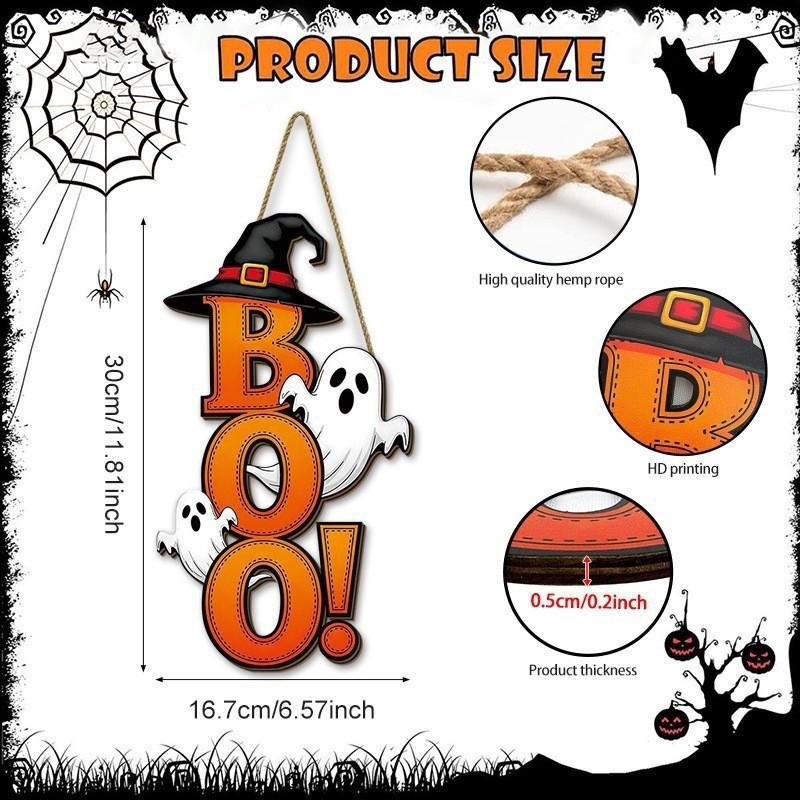 2D Flat Halloween Wooden Door Sign Ghost Witch Hat BOO Letter Hanging Plaque Outdoor Home Yard Welcome Party Wall Decor