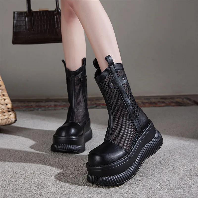 8CM Air Mesh Genuine Leather Boots Women Pumps Summer Motorcycle Chimney Sandals Hollow Ankle Booties ZIP Fashion Shoes