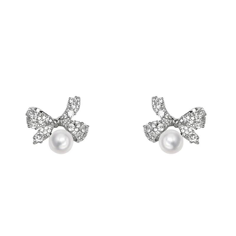 Super Flash Full Zirconium Bow Pearl Without Pierced Earrings Exquisite Fashion Versatile Earrings High Sense Mosquito Coil Disc Earrings
