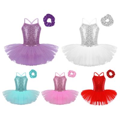 Kids Girls Ballet Dance Performance Costume Sequined Tutu Dress with Hair Tie Headwear