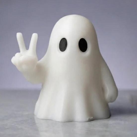 Modern Ghost Table Decor Halloween Figurine with Peace Sign, Spooky White Matte Statue, Cute Tabletop Ornament for Shelf, Party Gift One-piece Printed
