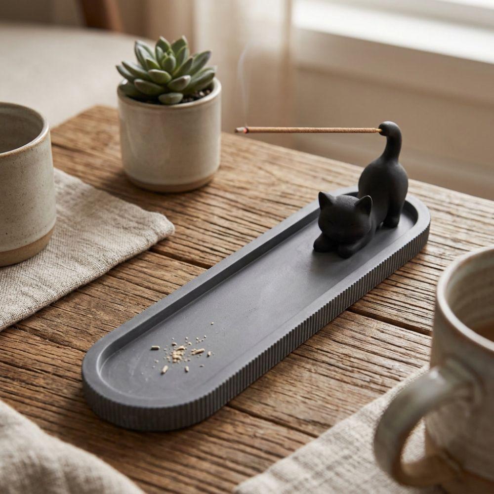 Zen Style Black Cat Incense Stick Holder Mobile Cat Incense Burner with Ash Catcher  Yoga Room