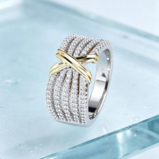 European and American Color Separation Winding X Ring Type Multi-layered, Fully Diamond-studded, Interlocking Cubic Zirconia Women's Ring