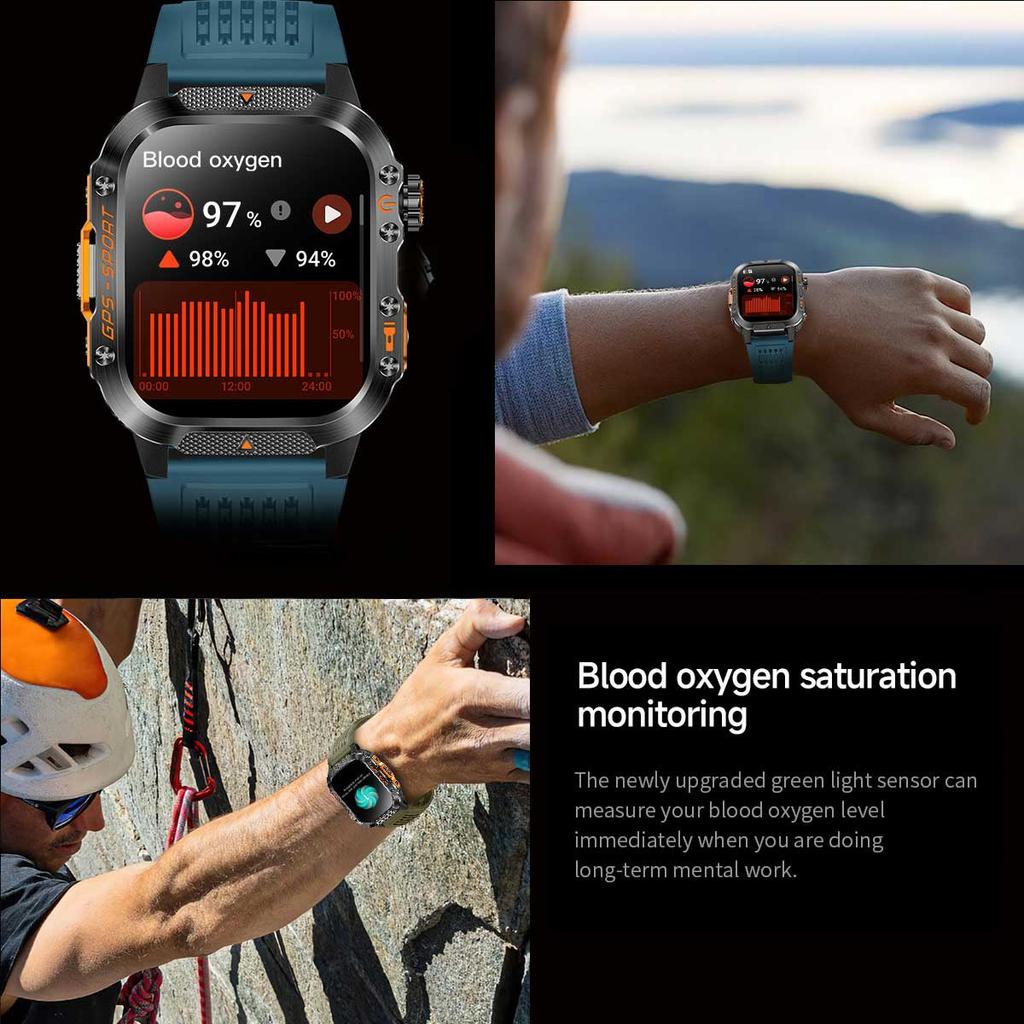 Vojenské chytré hodinky s vestavěným GPS, kompasem, výškoměrem, vodotěsností 3ATM IP69K, AMOLED displejem, Bluetooth voláním, 2,01" chytré hodinky pro Android a iOS