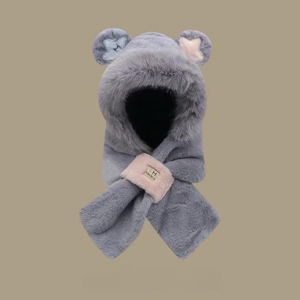Fox Ear Hat and Scarf Combo for Women, Cute Plush Furry Animal Hat with Attached Neck Warmer, Two-piece Set for Winter