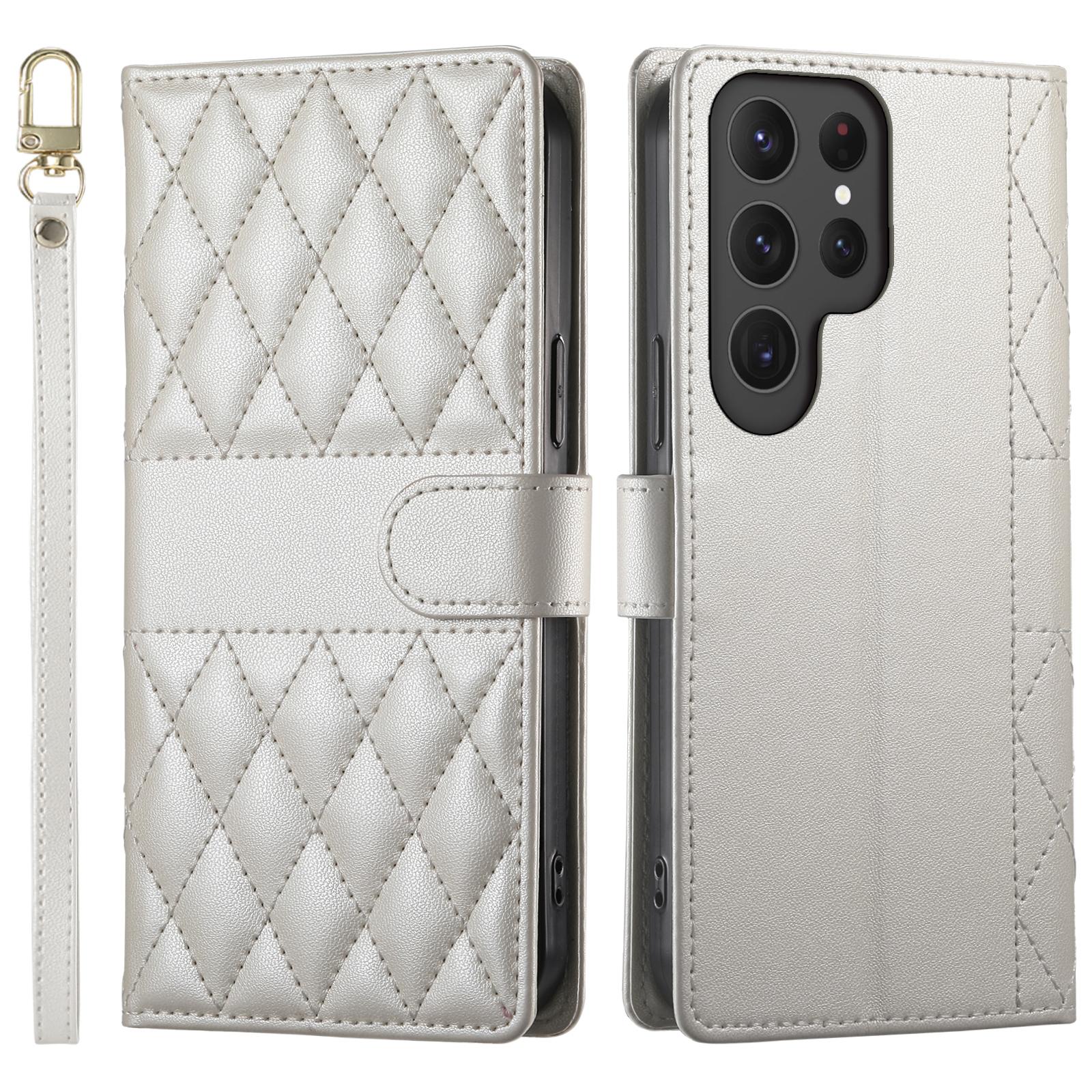 

For Samsung Galaxy S25 Ultra Case Rhombus Stitching Wallet Stand Leather Phone Cover with Long/Short Strap Beige