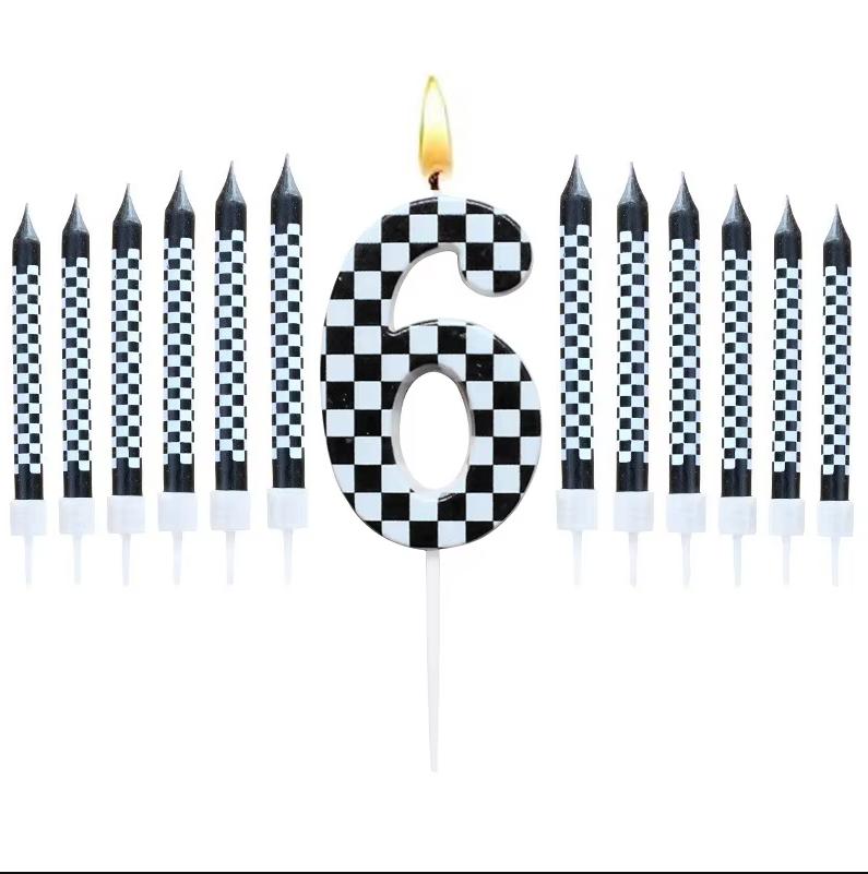 1/6/12/13 Pcs Racing Cars Themed Birthday Candles Black and White Race Number Checkered Candle Cake Topper for Racing Car Party