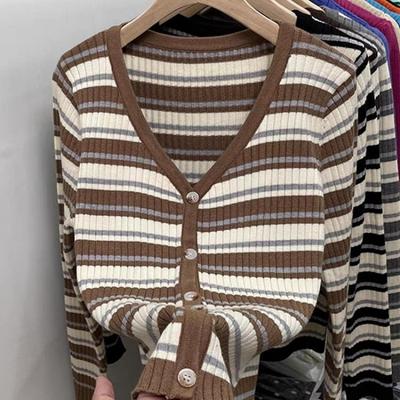 Early Fall Winter Short V Neck Striped Top Thin Outerwear Sweater Knit Cardigan Women Inner Layer