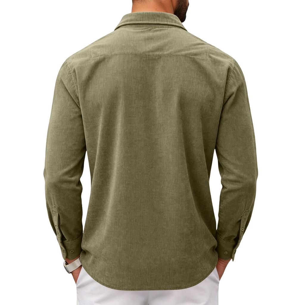 Men's Corduroy Shirt Slim Fit Long Sleeve Button Down Casual Business Shirt Two Chest Pockets Classic Collar Soft Fabric