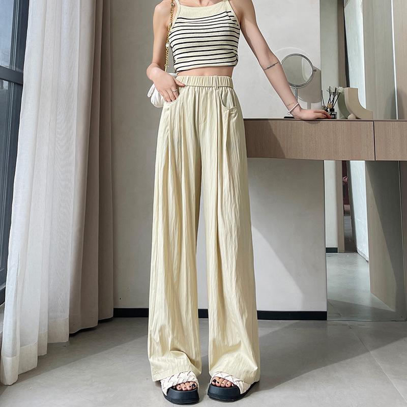 Ice Silk Women's High-Waist Wide Leg Pants - Summer 2025, Thin Apricot Drapey Style
