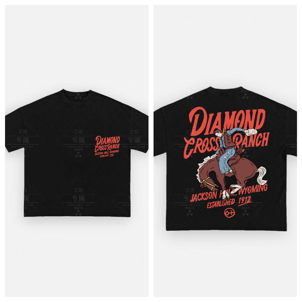 Diamond Cross Ranch Cotton T-shirt Unisex Men Women Summer Short Sleeve Fashion Top Casual Vintage Fashion Daily Vintage Tee