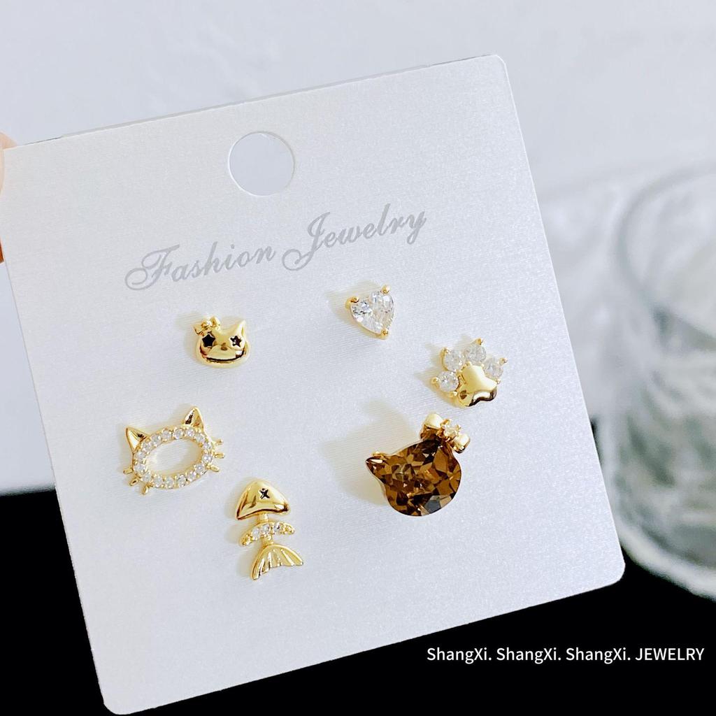 Kanamina Cute Kitten Fishbone Stud Earrings Set, S925 Silver with Inlaid Diamonds - 3 Pair Versatile Set