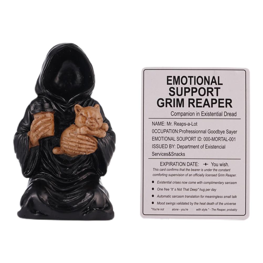 Halloween Ornaments Emotional Support Grim Reaper Resin Statue Holding Coffee & Cat Hand-Painted Resin Grim Reaper Statue