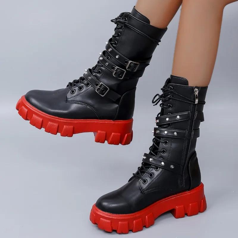Fashion Hot Motorcycle Boots 2024 Autumn Fashion Black Red Gothic Platform Buckle Chain Punk Rivet Combat Boots Large Size Women's Shoes