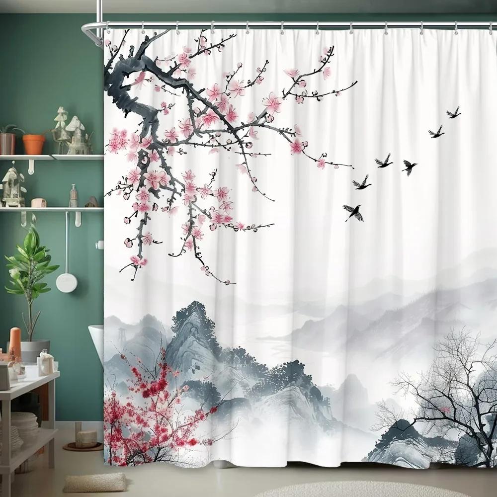 Asian Scenery Shower Curtain Koi Cherry Blossom Vintage Bird Lotus Mountain Ink Painting Polyester Fabric Bathroom Decor Curtain