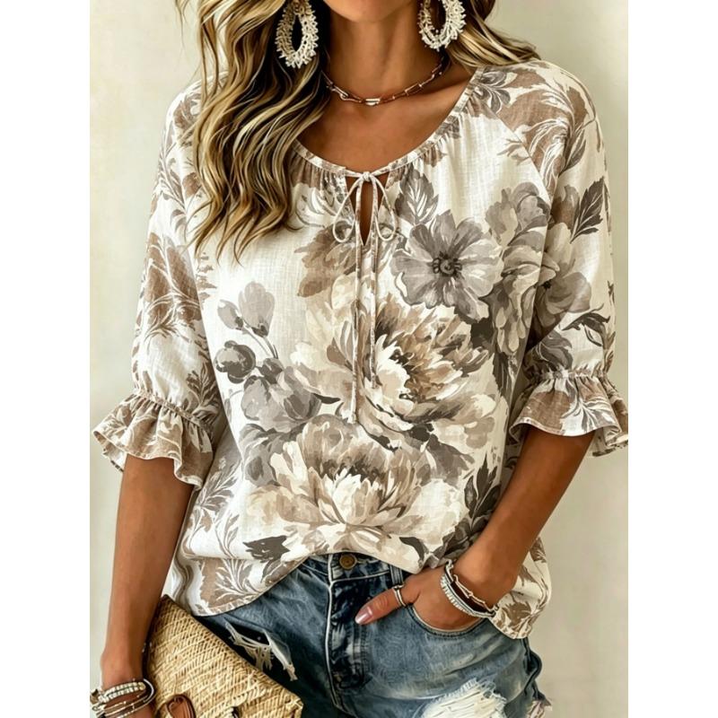 Women's White Ditsy Floral Print Tie Neck Blouse, Casual Loose Tops for Spring Summer Daily Wear Vacation Occasions