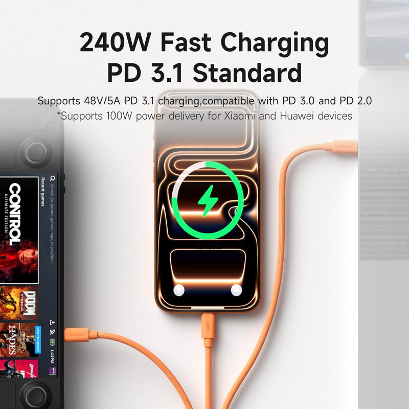 Hagibis Magnetic USB C Cable Coiled C to C Cable 240W Fast Charging Type C Charger Cord Wedge Plug for Carplay iPhone 16/17 Pro