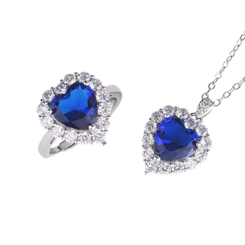 Set With Sapphire Heart Shape Open Ring Necklace Women, Luxury Temperament Engagement Pendant Set