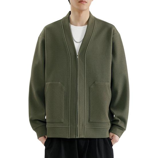 Men Knitting Coat V-Neck Long Sleeve Solid Color Knitted Cardigan with Pockets Zipper Placket Loose Fit Outwear