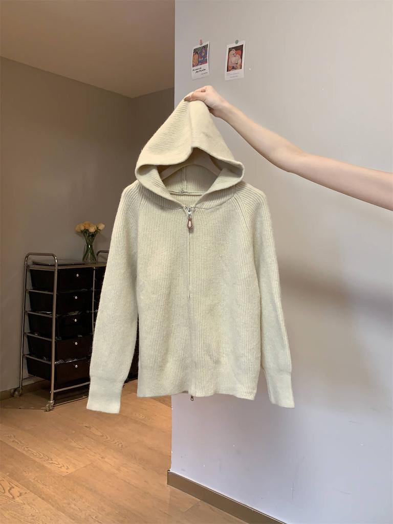 Soft waxy hooded double zipper knitted sweater women's autumn and winter casual lazy style large version long-sleeved jacket high-end top