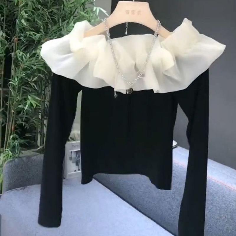 Spring 2024 French Chic Off-Shoulder Mesh Patchwork Slimming Long-Sleeve Women's Top