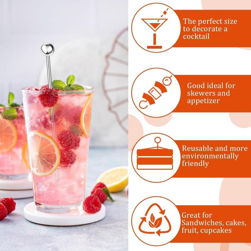 Stainless Steel Cocktail Picks Reusable Cleanable Cocktail Toothpicks Metal Skewers Cocktail Sticks for Drinks 4.3 Inch