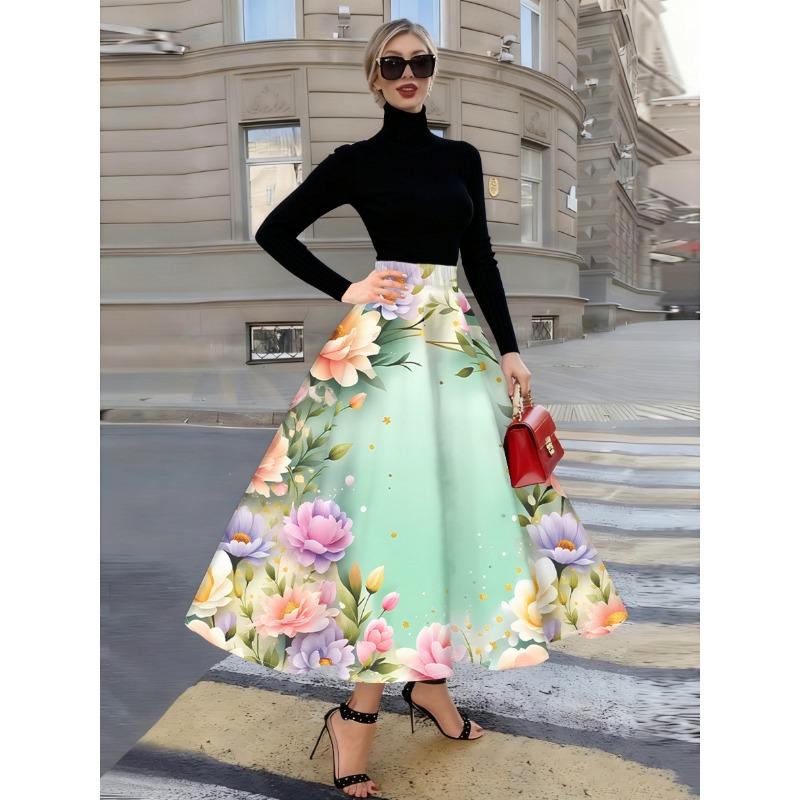 Floral Print Midi Skirt for Women Summer Vacation Style Pink A Line Skirt High Waist Elastic Waist Skirt Casual Office Wear