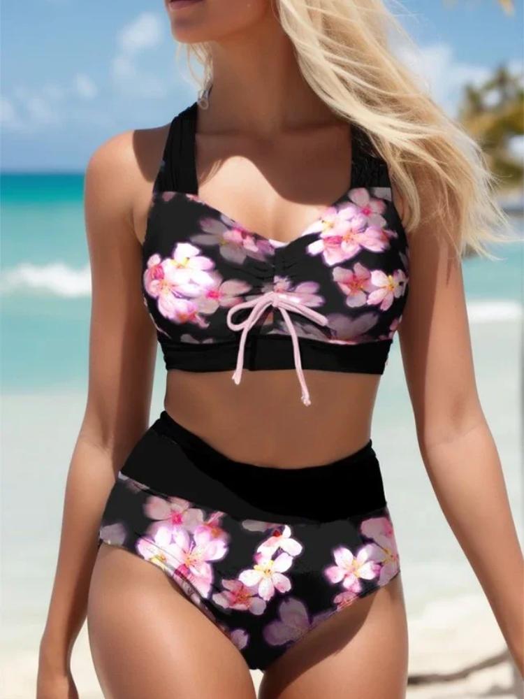 

Модный розовый цветочный принт пляжная одежда летние женские купальники сексуальные купальники женские двухсекционные бикини купальники S-5XL XL