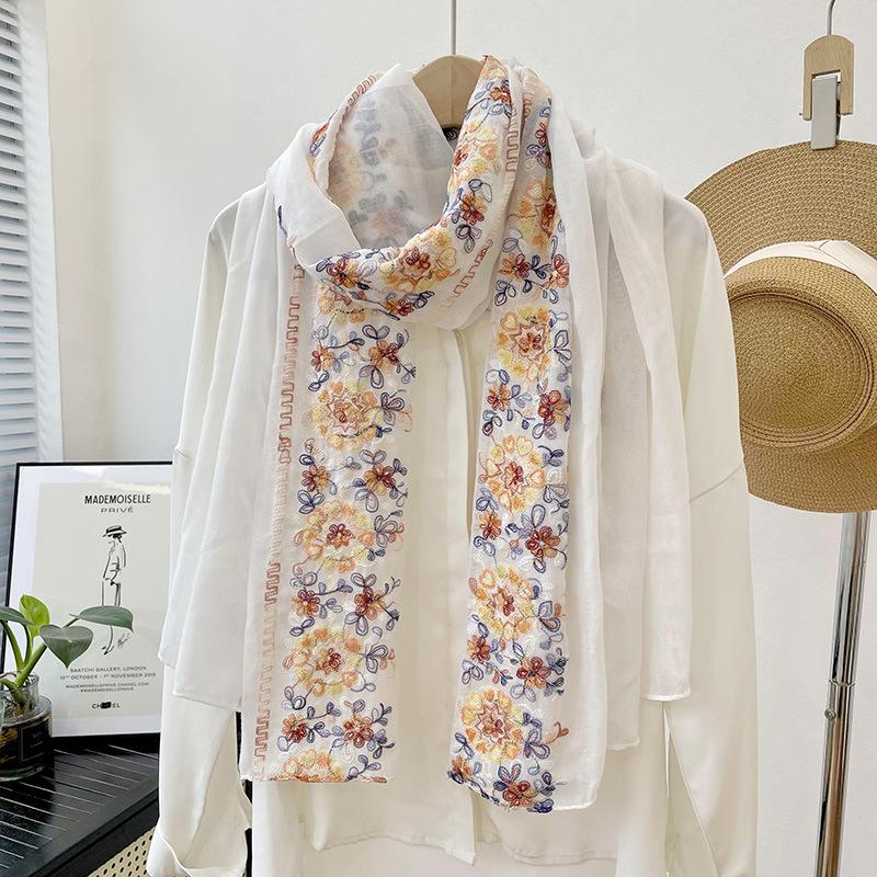 New Floral Cotton Scarf Women Thin Flower Embroidered Shawls And Wraps Foulard Hijab Stoles Vintage Sunscreen Scarves