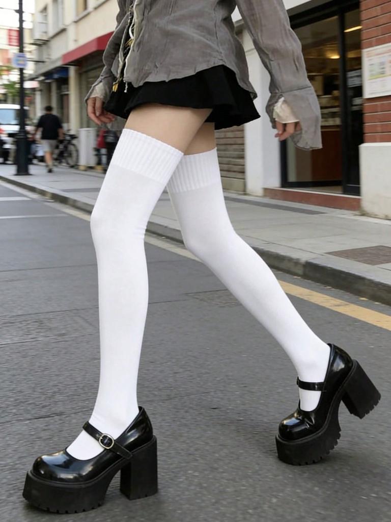1/3/5 Pairs Women White Thigh High Socks Non-Slip Stretchy Knit Over The Knee Socks