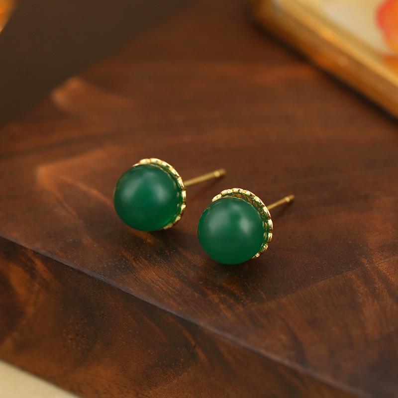 Banyan Tree S925 Silver Chinese Agate Earrings – Retro, Elegant, and Simple Design for Women