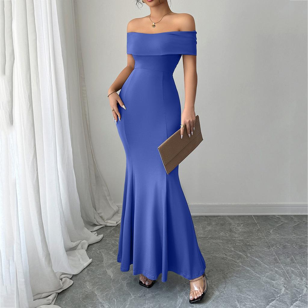 Elegant Off,shoulder Short,sleeved Color Dress For Women