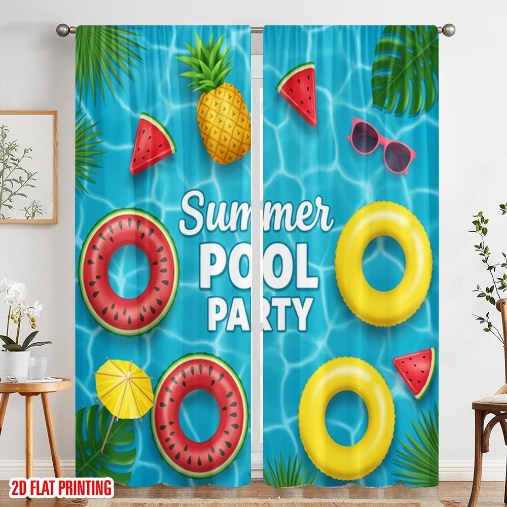 2pcs 2D Flat Printing Curtains Summer Pool Party Pineapple 100% Polyester Without Electricity Festive Wall Decor Perfect for