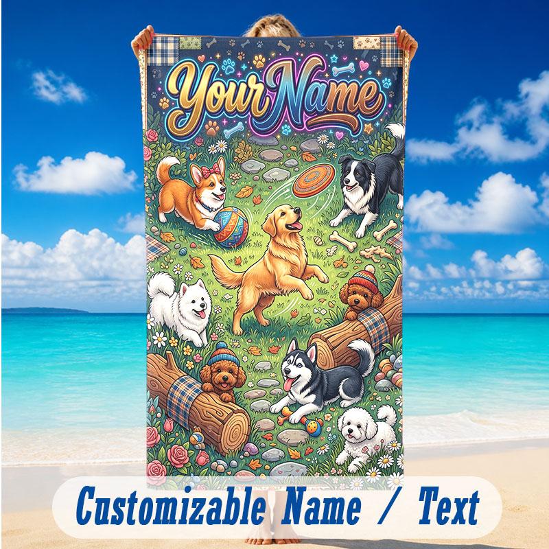 Dog Theme Beach Towel Personalized Custom Name & Text Soft Quick Dry Beach Towel for Swimming Travel