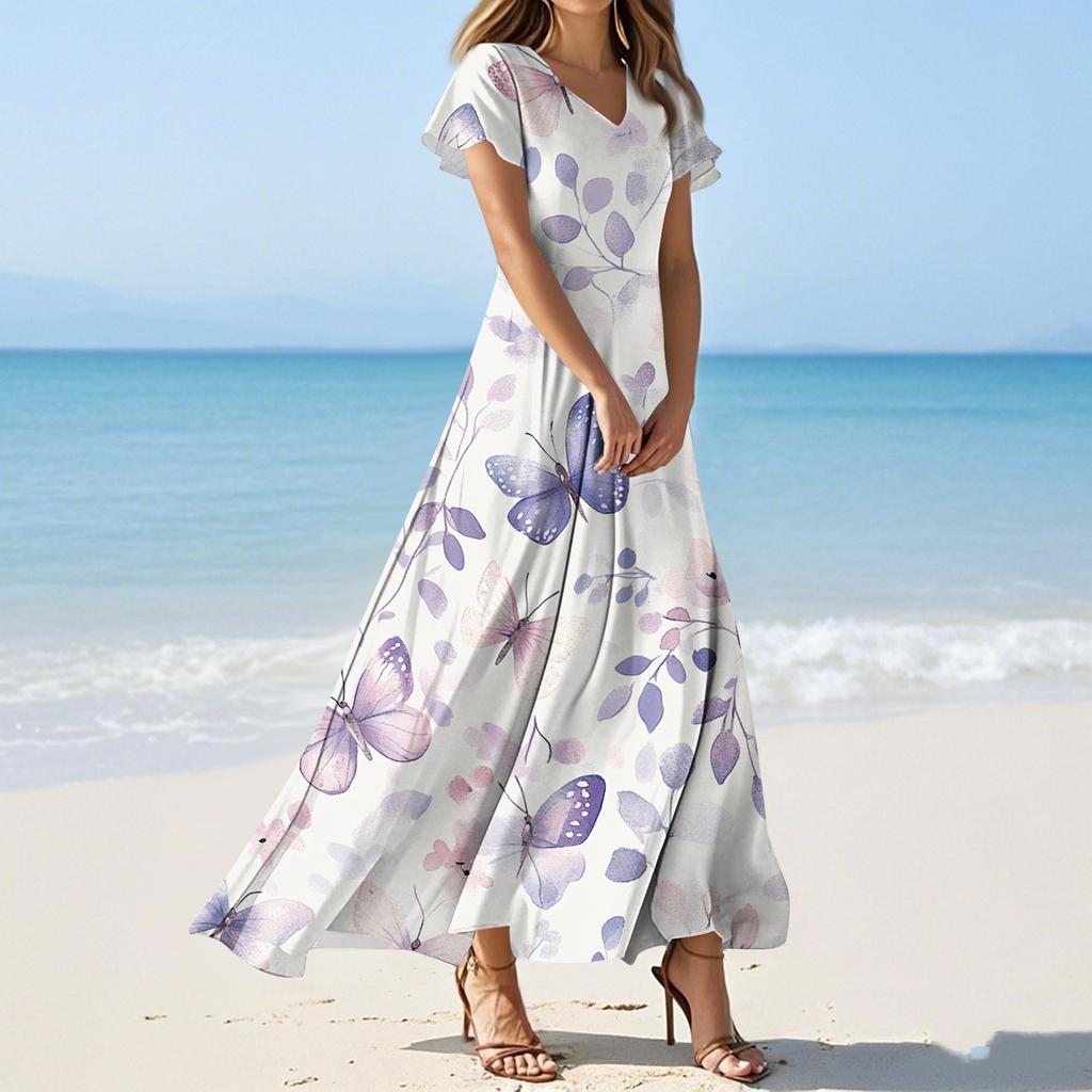 Women's Summer Casual Fashion Flower Prints Dresses V-Neck Short Sleeve Dresses