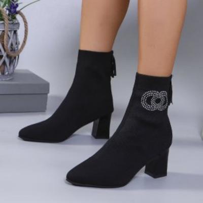 Fashion 2024 Plus Size Shoes Female Ankle Women's Boots Knitted Modern Boots Women Crystal Pointed Toe Back Zip Chunky Heels Shoes Women