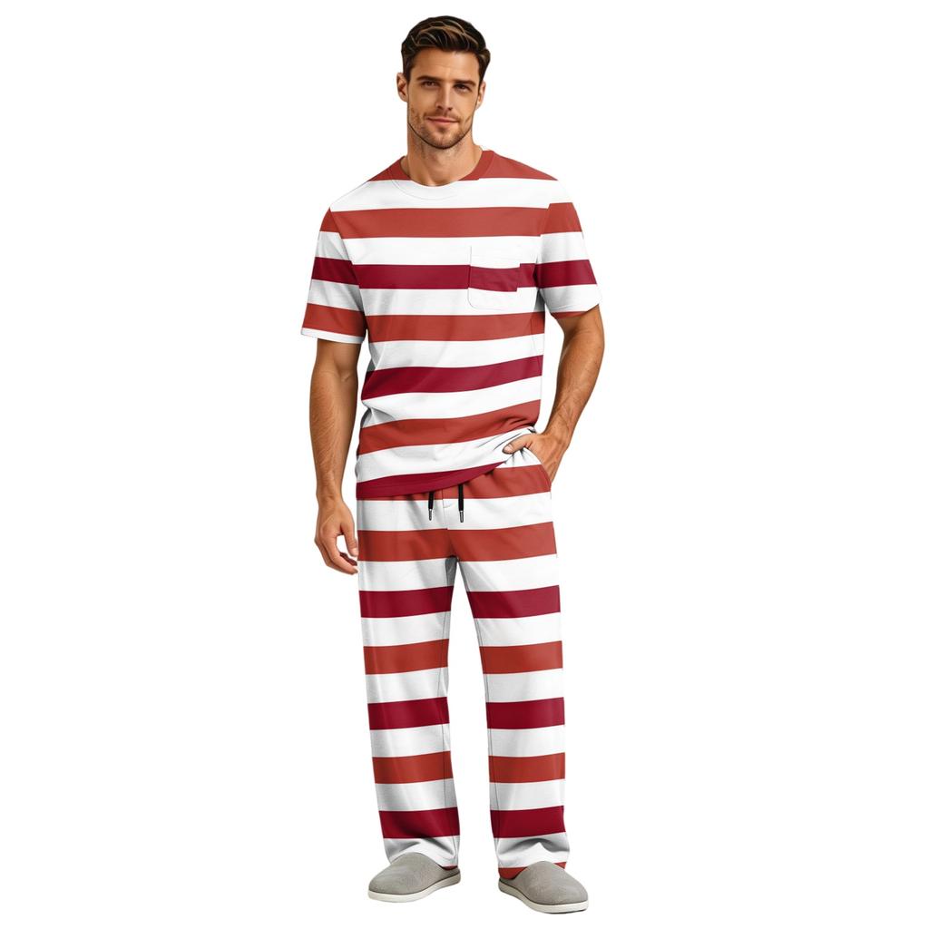 Men's Short Sleeve Pajama Set with Long Pants, Button Crotch, Elastic Waist Drawstring - Comfortable Sleepwear