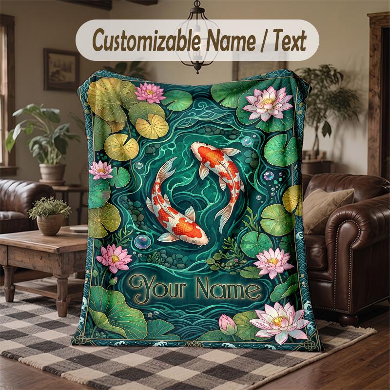 Koi Fish Pond Artwork Theme Throw Blanket Custom Name Text Personalized Blanket Soft Cozy Blanket for Home Sofa Bed