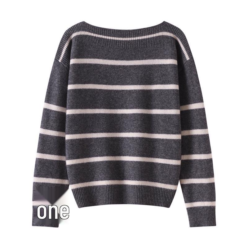 Lekasha Off-the-Shoulder Striped Cashmere Sweater for Women - Autumn/Winter New Arrival