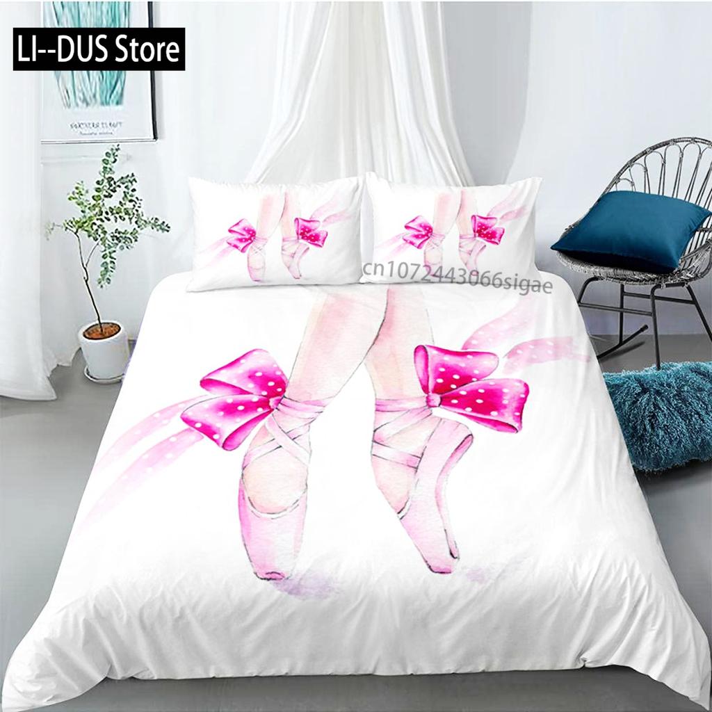 Ballett Bettbezug Set King Mikrofaser Ballett Accessoire Schuhe Kleid Bettwäsche Set für Mädchen Rosenblätter Sommerstil Steppdecke