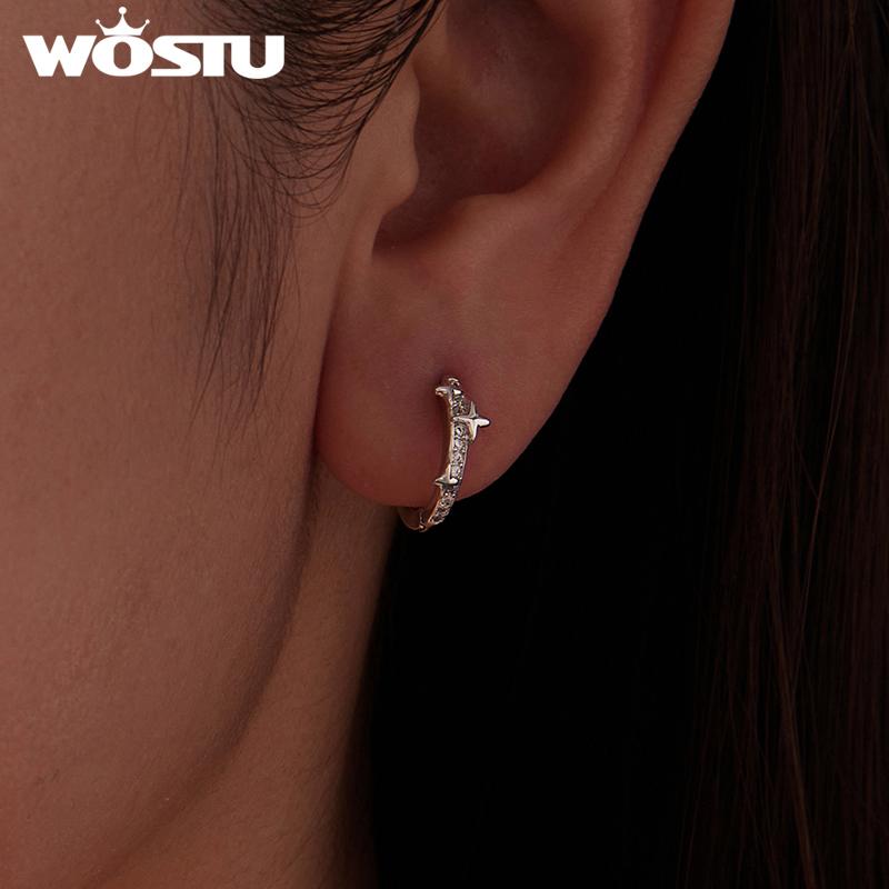 WOSTU Top Quality Star Huggie Earrings with 925 Silver Needle Wedding Zircon Hoop Earrings Hypoallergenic Party Daily Wear Gift