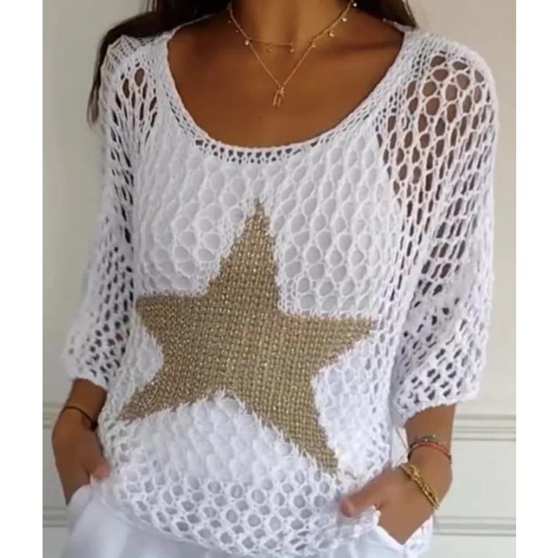Women's Fashion Casual Summer Spring Star Print 3/4 Sleeves O-Neck Sweaters
